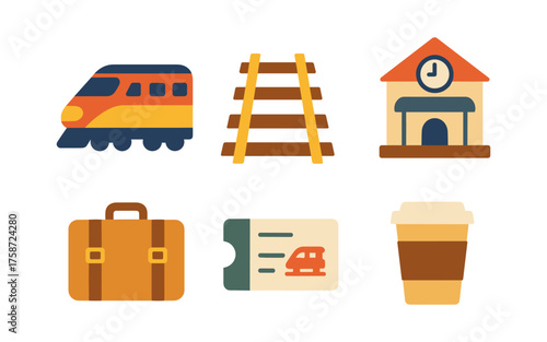 Retro train-themed icons: travel, journey, and relaxation essentials