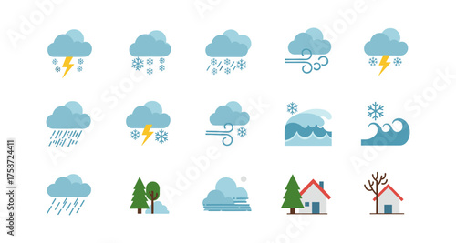 Weather icons set: flat design symbols for rain, snow, wind, and climate changes