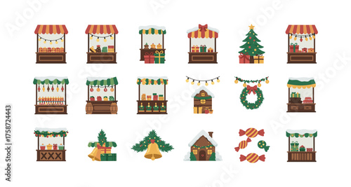 Flat christmas market stalls and festive decorations with snow elements