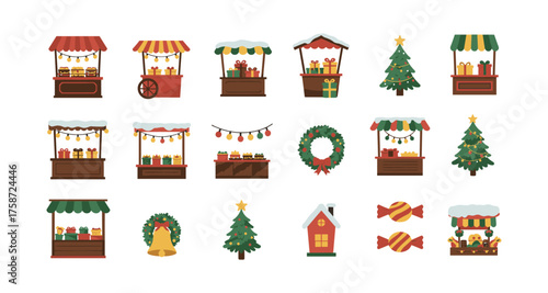 Festive christmas market stalls with decorations and trees