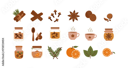 Cozy autumn spice elements with herbs, fruit, and warm drinks