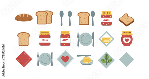 Colorful breakfast icons set featuring bread, jam, and tableware in flat design
