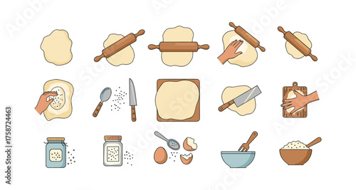 Steps for preparing dough with rolling pin and ingredients in flat style