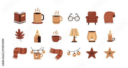 Cozy autumn icons set featuring books, warm drinks, and seasonal decor in warm tones