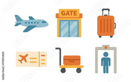 Travel icons: airplane, suitcase, boarding pass, airport gate, luggage cart, security check