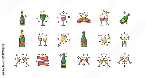 Festive beverage icons: cheers with champagne and wine in flat style