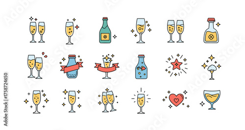 Celebratory drinks icons set: flat style champagne and cocktail designs