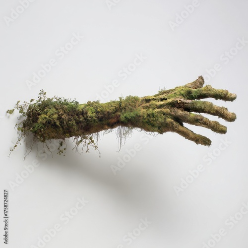 Conceptual image of a hand made from soil, moss, and plants on a light background. Ideal for ecology campaigns, sustainability, or environmental design