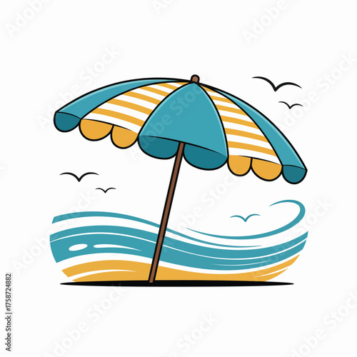 Colorful beach umbrella casting shade over sandy shore with ocean waves and seagulls