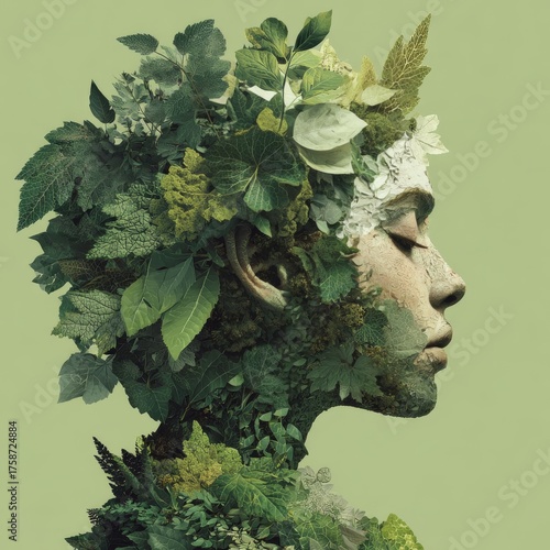 Surreal profile portrait of a woman made of leaves and greenery. Ideal for eco campaigns, conceptual art, branding, and environmental themes