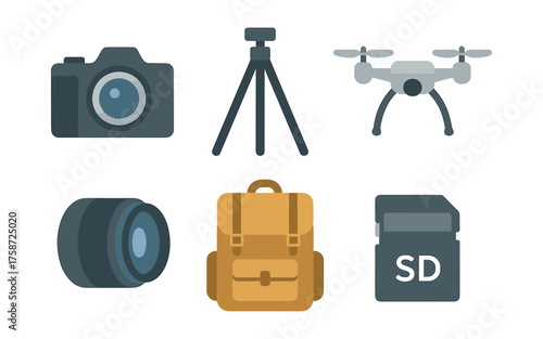 Photography gear icons featuring camera, tripod, drone, lens, backpack, memory card