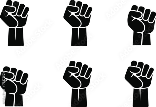 Raised fist silhouette, unity symbol vector, protest graphic design, clenched hand illustration, social movement icon, flat vector illustration