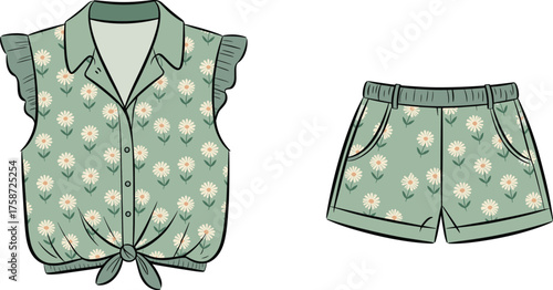 Summer outfit design, floral print clothing, sleeveless top vector, daisy pattern shorts, stylish kids fashion, flat vector illustration
