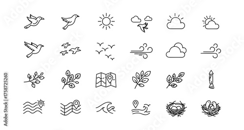 Minimalist outline icons of nature and travel elements