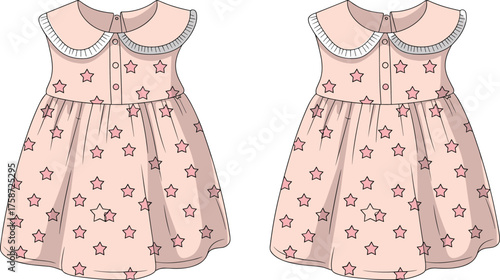 Children’s dress design, pink star pattern, Peter Pan collar outfit, short sleeve fashion, toddler clothing vector, flat vector illustration