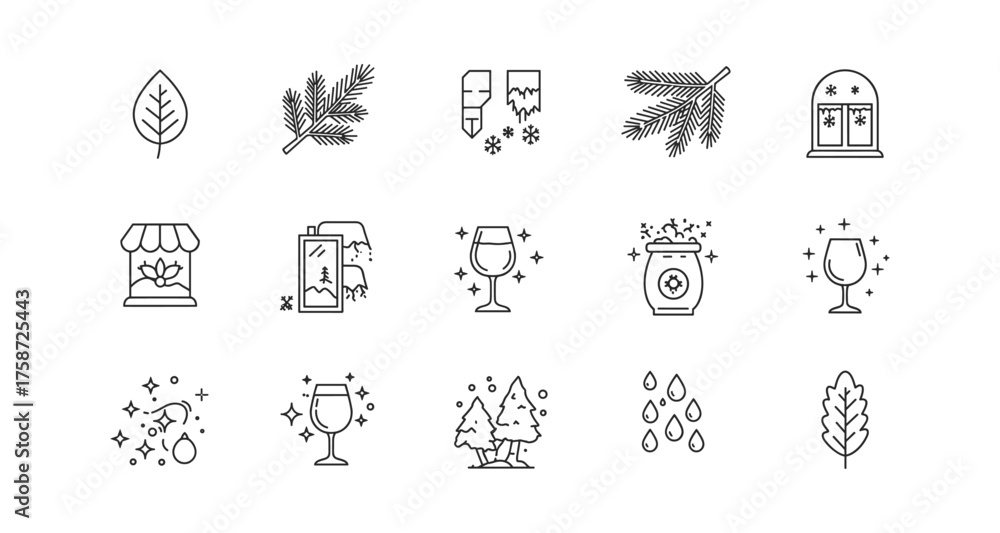 Fototapeta premium Winter line art icons: festive nature elements and holiday decorations