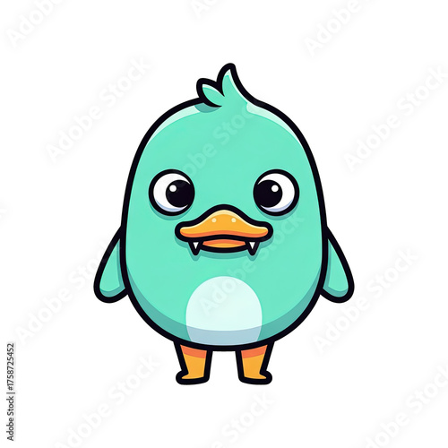 Cute green monster character with big eyes and orange beak  