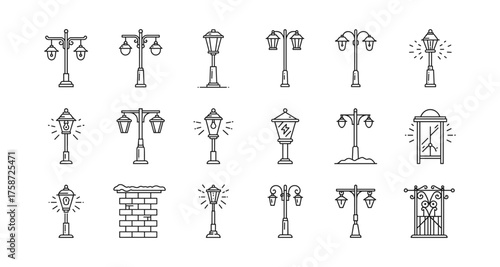 Set of linear street lamp designs and urban light fixtures