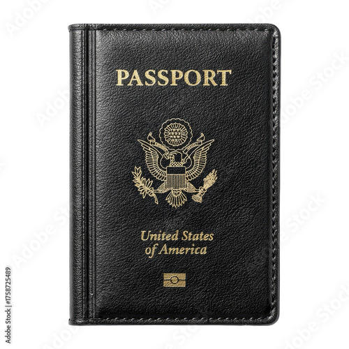 Black US passport with golden eagle & text