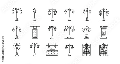 Collection of linear street lamp designs and decorative ironwork elements