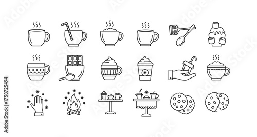 Winter drinks and dessert icons in line art style featuring warm beverages and sweet treats