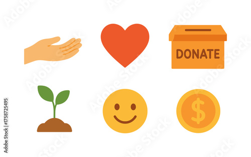 Charity and kindness icons: donation, heart, helping hand, growing plant, happy face, coin