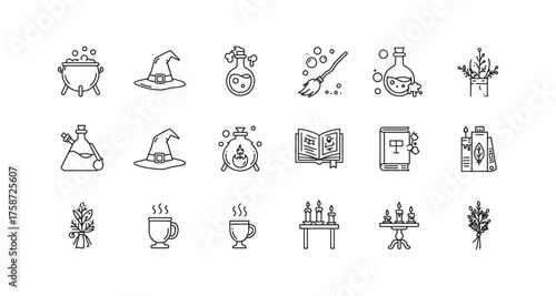 Charming witchcraft icons set: magical potions, enchanted books, and mystical herbs