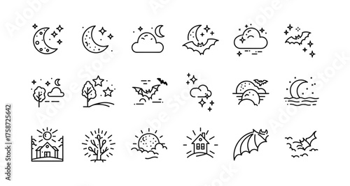 Minimalist night and day icons with moon, sun, stars, and bats