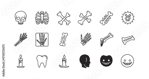 Linear halloween icons: skulls, bones, teeth, and spooky faces