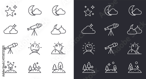 Day and night space icons: weather, astronomy, landscape outline collection