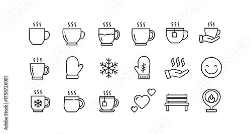 Minimalist winter icons featuring hot drinks and cozy elements
