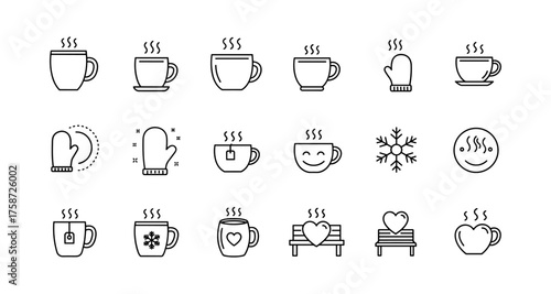 Cozy winter icons set: coffee cups, mittens, and benches with minimalist linear design