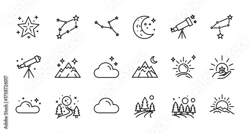 Minimalist celestial and nature icons set featuring stars, constellations, moon, telescopes, mountains, sun, clouds, and trees