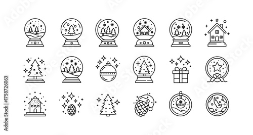 Linear winter holiday icons featuring snow globes, trees, and festive decorations