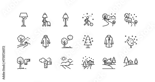 Minimalist linear icons depicting winter activities and landscapes