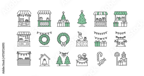 Festive holiday market icons with christmas trees, gifts, and wreaths in linear style