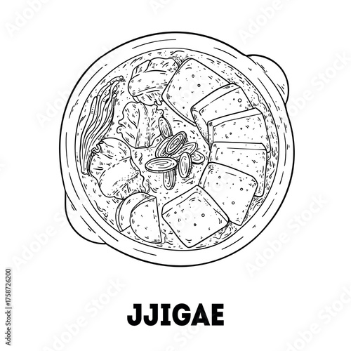 Seafood soup Sundubu jjigae sketch. Korean food. Hand drawn vector illustration. Top view.