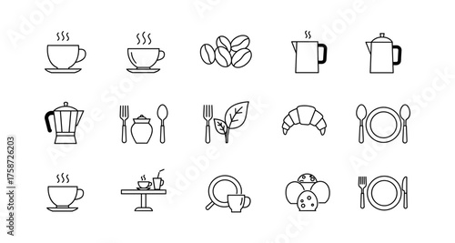 Minimalist coffee and breakfast icons for cafes and restaurants
