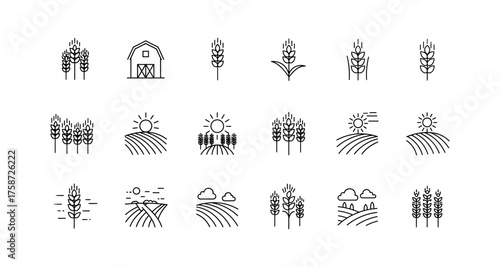 Linear agriculture icon set featuring wheat and farm landscapes