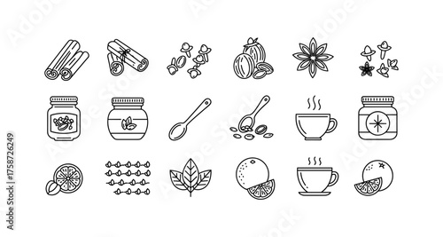 Hand drawn spice and herb elements with jars, spoons, and cups