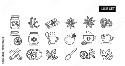Spice and tea line art collection: cloves, cinnamon, star anise, and herbal teacups