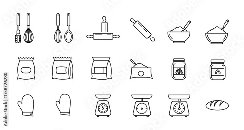 Kitchen baking tools outline set: whisks, rolling pin, baking ingredients, scales, oven mitts