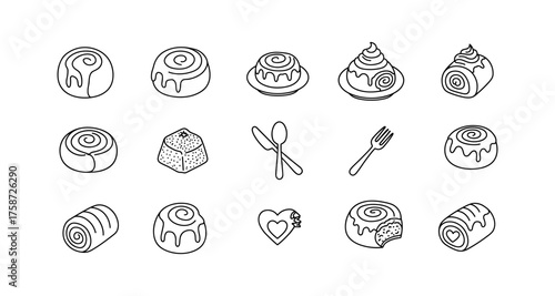 Minimalist line art cinnamon rolls and cutlery icons set