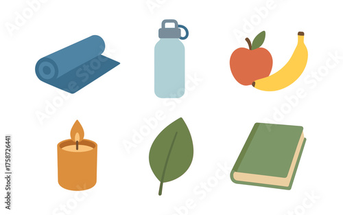 Essential flat icons of yoga mat, water bottle, fruits, candle, leaf, and book
