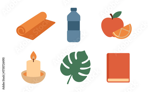 Flat icons of wellness: yoga, hydration, nutrition, relaxation, flora, and knowledge