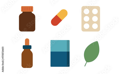 Flat design icons of pharmaceutical items and medicines