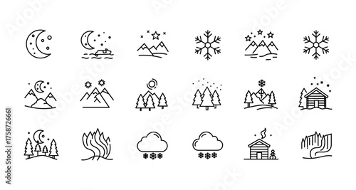 Simple linear icons of seasonal landscapes with night and winter scenes