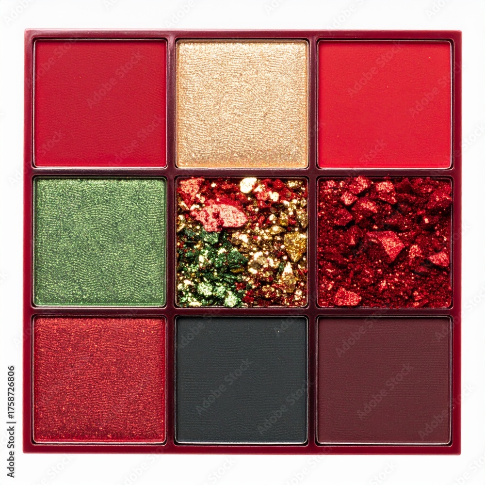 Fototapeta premium Festive Makeup Palette with Red Gold and Green Pigments in Square Pan