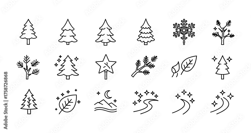 Fototapeta premium Minimalist line art christmas and nature elements for holiday design projects