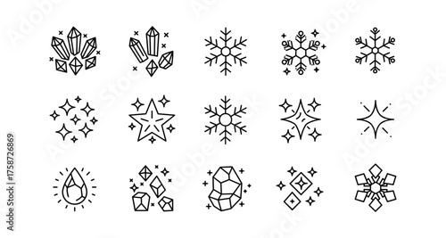 Minimalist black line art crystals stars and snowflakes with sparkles